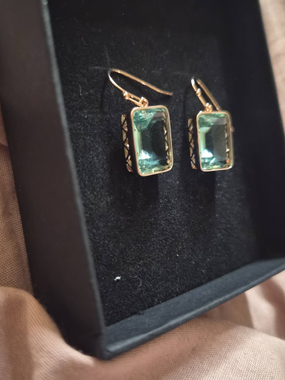 Green Crystal Drop Earrings - Gold Tone, Non Tarnishing